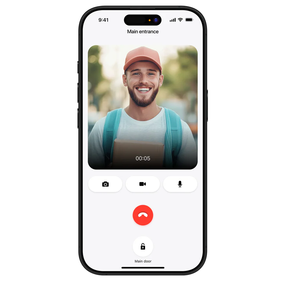 A courier at the doorstep, seen on a smartphone through the BAS-IP intercom app.