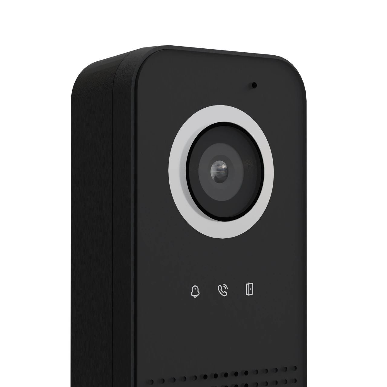 The BAS-IP AV-06 entrance panel with an unlit camera ring in daylight.