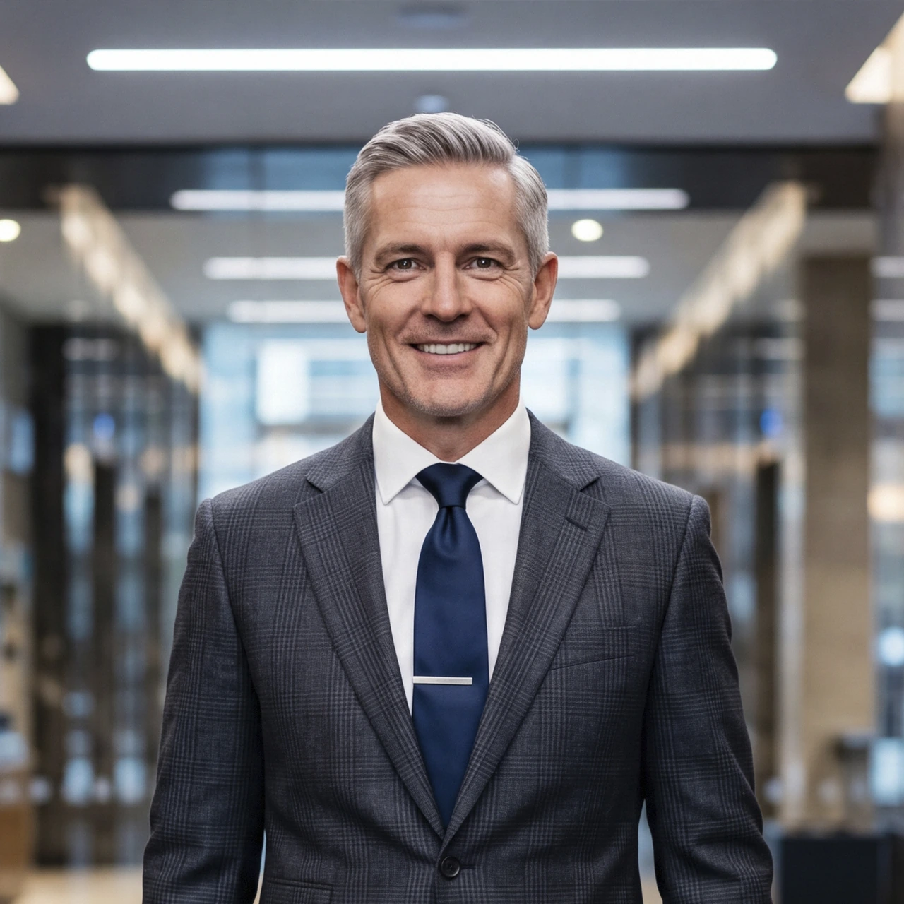 A smiling visitor wearing a suit and blue tie, seen in a bright lobby.