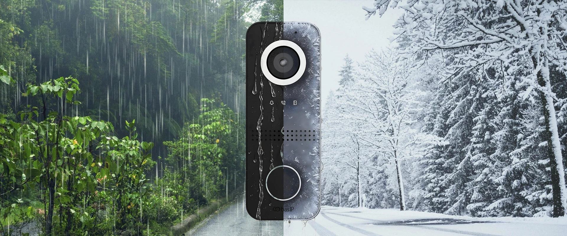 BAS-IP AV-06 entrance panel shown in rainy and snowy outdoor conditions.
